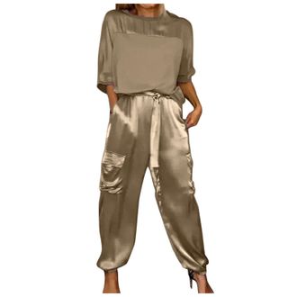 Generic Women Satin Co Ord Sets Outdoor 2 Piece Summer Fashion Summer Half Sleeve Tops Pants Suit Vacation Women Wide Leg Crop Top Basic Outfits Business Suit
