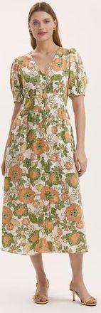 Finery Addison Floral Linen Blend Midi Dress in Olive Flower at Nordstrom, Size 16