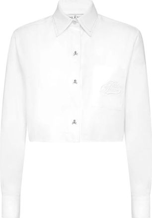 Philipp Plein Overhemden, Dames, Wit, S, Katoen, Cropped Double Collar Shirt