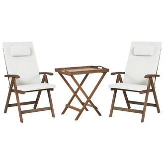 Beliani Conjunto De Balc&oacute;n R&uacute;stico De Acacia Maciza Natural Mesa Y 2 Sillas Plegables Con Cojines Blanco Crema Amantea Premium