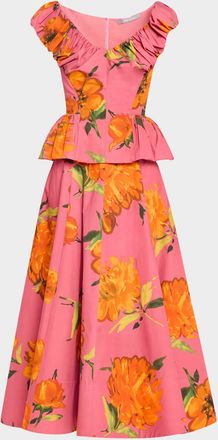 Lela Rose Floral-Print Shirred V-Neck Cotton Peplum Top