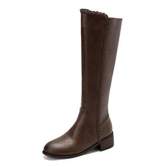 Generic Womens Western Knee High Riding Boots Round Toe Low Block Heel Wide Calf with Side Zipper Casual Winter Shoes (5.5,Coffee)