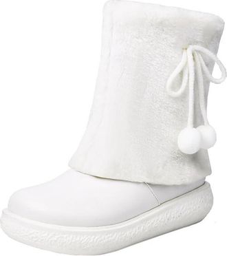 Generic Womens Flat Heel Platform Boots with Bow Round Toe Winter Short Boot PU Leather Ankle Boots with Side Zipper,White,5.5 UK