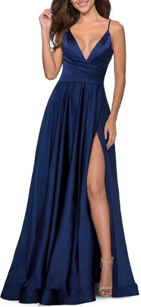 La Femme Long Satin Dress with Side Slit and V Shaped Back in Navy at Nordstrom, Size 14
