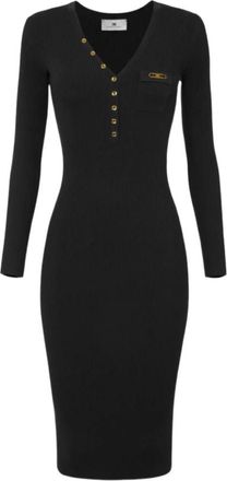 Elisabetta Franchi Geribbelde Midi Jurk - Dames - Kleedjes - Zwart - L - Kleedjes