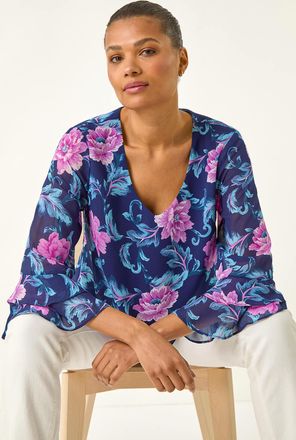 Roman Floral Print Frill Sleeve Top