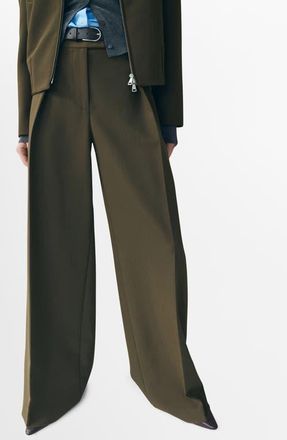 Mango Belted Pleated Straight Leg Pants in Khaki Green at Nordstrom, Size 6