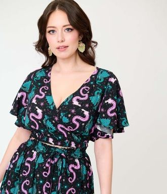 Unique Vintage 1960s Dottie Crop Top in Black Dragon Print at Nordstrom, Size X-Large