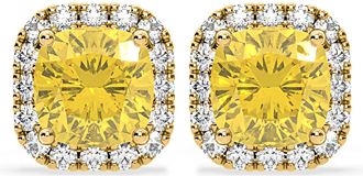 The Diamond Store Beatrice Yellow Lab Diamond Cushion Cut 2.45ct Halo Earrings in 18K Yellow Gold - Elara Collection
