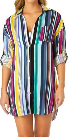 Anne Cole Womens Barcode Stripe Button Down Shirt Swimsuit Cover Up In Multi