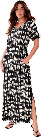 Roaman's Plus Size Stretch Knit Short Sleeve Maxi Dress With Side Slit Detail in Black Ikat Print at Nordstrom, Size 40