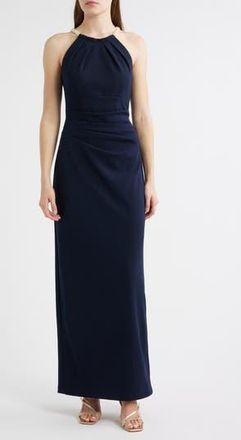 Eliza J Faux Pearl Neckline Gown in Navy at Nordstrom Rack, Size 6