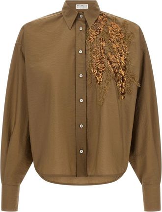 Brunello Cucinelli Techno Katoen Poplin Shirt met Schitterende Zeebodem Borduurwerk - Dames - Overhemden - Bruin - M - Katoen - Overhemden