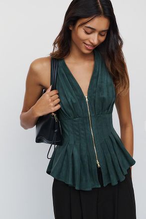 Maeve Viki Faux Suede Zip Front Waisted Top