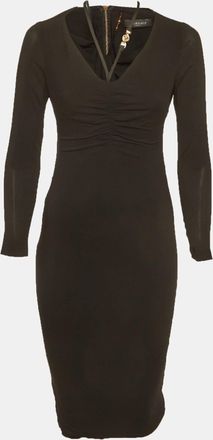 Versace Black Crepe Medusa Detail Ruche Midi Dress