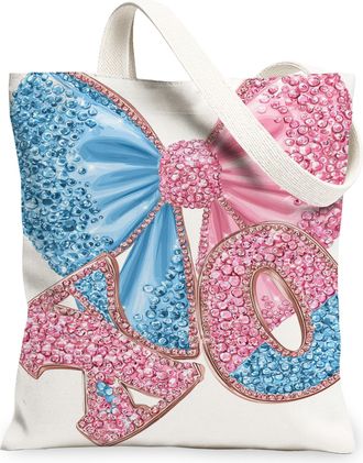 Generic Stylish Bow Canvas Tote Bags, Funky Gemstone Pattern Reusable Grocery Bags, Lightweight Washable Shoulder Strap Canvas for, Peach, 13x15 Inch