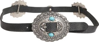 Cavalli Black Turquoise Leather Embellished Oval Buckle Womens Belt