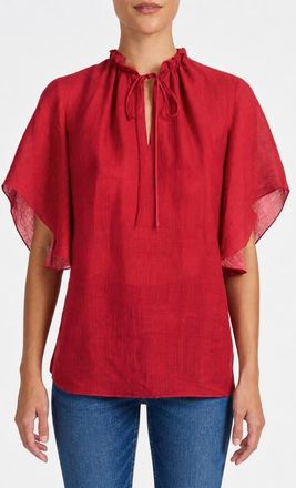 Santorelli Guita Flutter Sleeve Blouse in Floral Linen Blend in Chili Pepper at Nordstrom, Size 4
