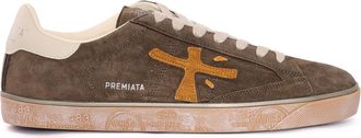 Premiata White Steven Olive Green Calf Leather Low-Top Sneakers
