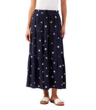 Karen Kane Embroidered Tiered Midi Skirt In Navy