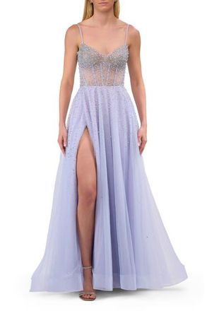 La Femme Rhinestone A-Line Tulle Prom Dress with Illusion Bodice in Light Periwinkle at Nordstrom, Size 12