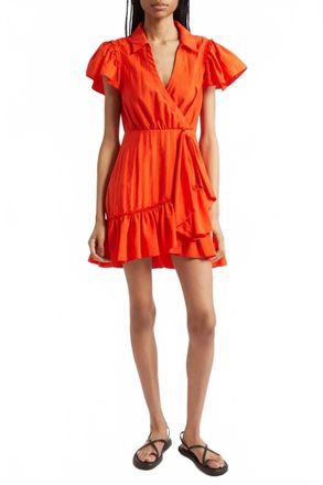 Cinq &agrave; Sept Lila Asymmetric Ruffle Taffeta Mini Dress In Cherry Tomato/white