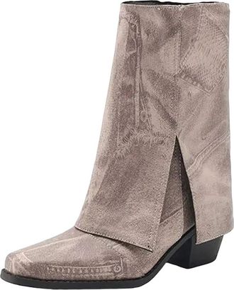 Generic Womens Western Cowboy Ankle Boots Square Toe High Block Heel Slip On With Mixed Color Pattern For Casual Wear