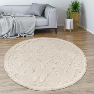 Paco Home Paco Home Alfombra Salon De Habitacion Pelo Corto Boho Chic Dibujo Geometrico Con Flecos &Oslash; 160 Cm Redon, Crema 5