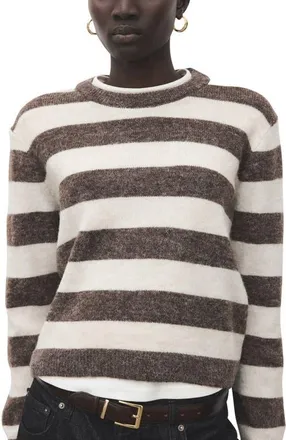 Mango Stripe Crewneck Sweater in Brown at Nordstrom, Size X-Small