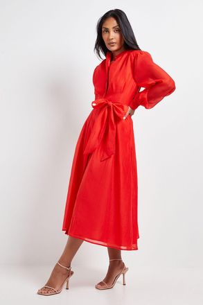 Wallis Womens Petite Textured Organza Midi Shirt Dress - Red - Size 18 UK