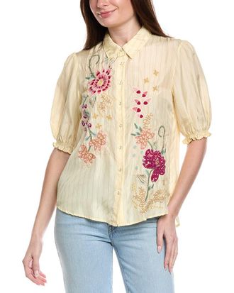 Johnny Was Smocked Lisbon Silk Shirt