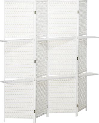 HOMCOM Biombo Plegable De 4 Paneles, 181 X 180 Cm, Con 2 Estantes, Fabricado En Madera De Pino Y Bamb&uacute;, Para Dormitorios, Color Blanco