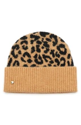 Kate Spade New York classic leopard cuff beanie in Black/light Tobacco at Nordstrom