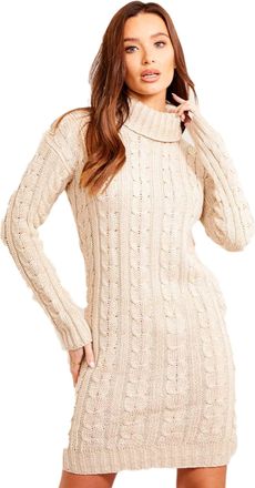 Crazy Girls New Womens High Polo Neck Chunky Cable Knitted Jumper Mini Tunic Dress Top 8-18 (12-14, Stone)