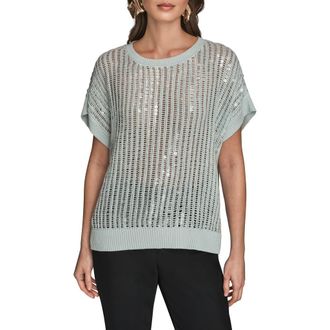 DKNY Sequin Open Stitch Short Sleeve Sweater in Mist at Nordstrom, Size X-Small