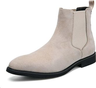Generic Mens Faux Suede Pointed Toe Chelsea Ankle Boots Pull on Short Boots Flat Heel Casual Shoes,Beige,12.5 UK