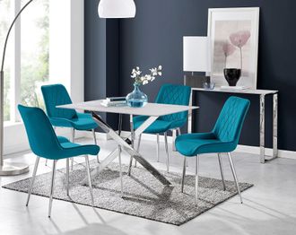 Furniturebox Leonardo White Glass Marble Effect Silver Leg Table & 4 Pesaro Silver Chairs in Blue