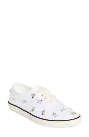 Miu Miu Crystal Embellished Low Top Canvas Sneaker in White at Nordstrom, Size 10.5Us