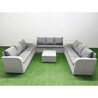 Fimous Pe Rattan Lounge Sofa Set 9 Seater Outdoor Garden Furniture Set with Square Coffee Table 3 Seater Sofa 2 Side Table Light Grey - Fimous