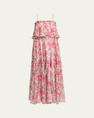 Chlo&eacute; Rose Silk Chiffon Ruffle Tiered Maxi Dress