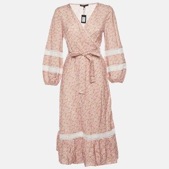 Maje Multicolor Floral Print Linen Blend Wrap Midi Dress