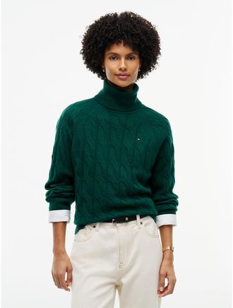 Tommy Hilfiger Womens Cable Knit Wool Turtleneck Sweater - Ornamental Green - XS