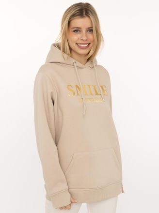 Zwillingsherz Hoodie ZWILLINGSHERZ Smile Sparkle, Damen, Gr. L/XL, hellbeige, Sweatware, Obermaterial: 50% Baumwolle, 50% Polyester, Sweatshirts Hoodie, gl&auml;nzender 
