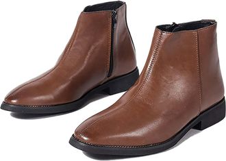 Generic Mens Flat Heel Office Dress Boots Square Toe Chelsea Ankle Boots PU Leather Formal Boot with Side Zipper,Brown,10.5 UK