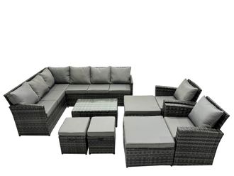 Fimous 12 Seat Poly Rattan Corner Sofa Sets with 4 Stools 2 Chairs in Dark Grey
