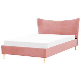 Beliani Cama Con Somier De Terciopelo Rosa Melocot&oacute;n Dorado 160 X 200 Cm Somier Chaleix