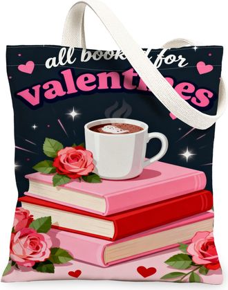 Generic ValentineS Floral Canvas Tote Bags, Romantic Rose Print Reusable Shopping Bags, Lightweight Washable Eco-Friendly Shoulder, Peach, 13x15 Inch