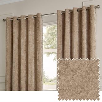 Riva Paoletti Lustre Velvet Fully Lined Eyelet Curtain Pair in Beige | Size: 229 cm width x 229 cm drop