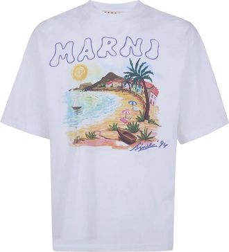 Marni T-shirt van Katoen met Strandprint - Heren - T-shirts - Wit - S - Katoen - Tops