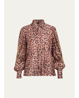 Kobi Halperin Lizzie Beaded Animal-Print Blouse